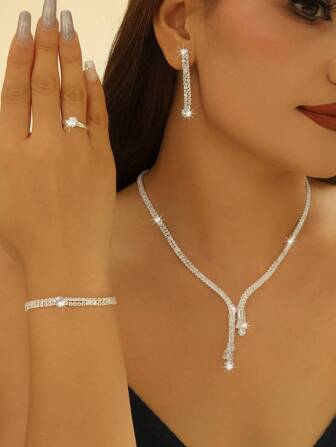 1 Set de joyería nupcial con diamantes blancos, conjunto de joyería de estilo europeo y americano con rhinestones, perfecto para accesorios de eventos formales