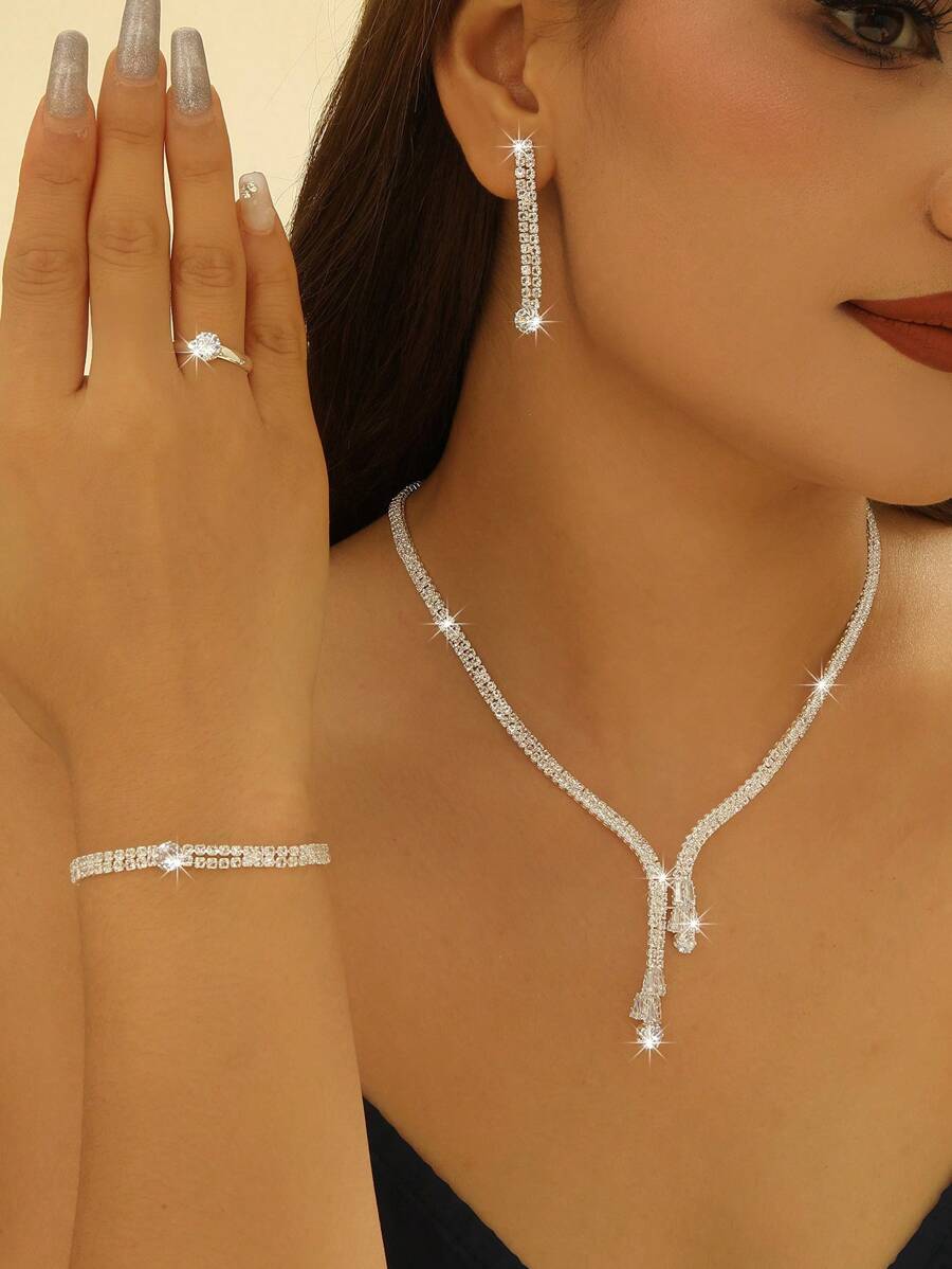 1套白色鑽石新娘珠寶套裝，西式水晶珠寶套裝，適用於派對 - 銀色 - 查看 1