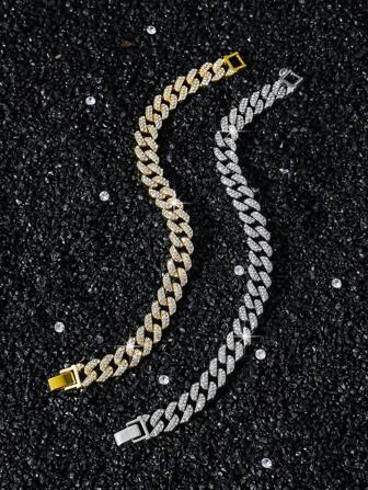 1 件 10 毫米宽男士嘻哈风格经典全水钻钻石形链环手链，个性化男士礼物