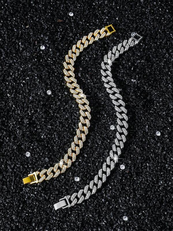 1pc 10mm Wide Men's Hip Hop Style Classic Full Rhinestone Diamond Shape Chain Link Bracelet, Personalized Men's Gift