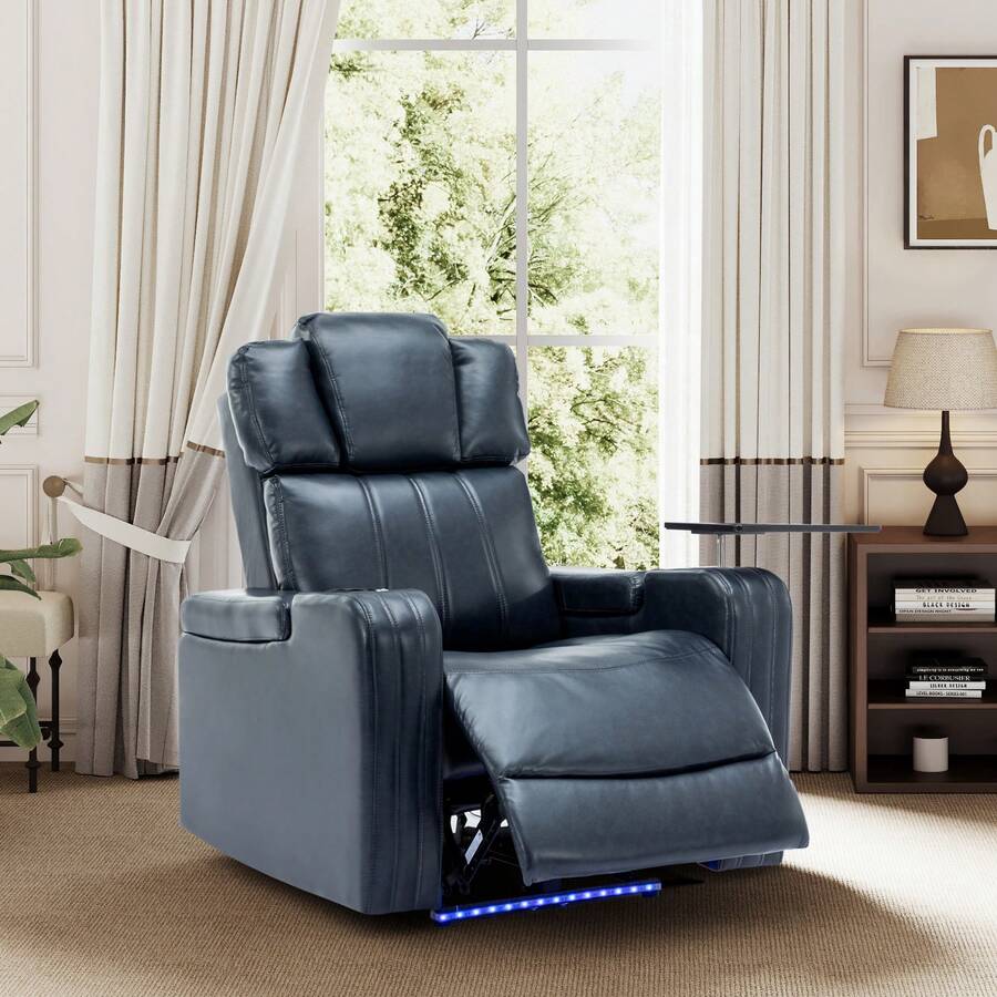 PU Leather Power Recliner Home Theater Recliner with Power Adjustable Headrest, Wireless Charging Device, USB Port, Storage Arms, Cup Holder and Swivel Tray Table for Living Room