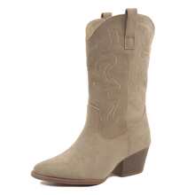 Women Western Cowboy Boots – Embroidered Mid-Calf Chunky Heel Cowgirl Boots With Side Zipper Stylish Comfortable Suede Fall/Winter Boots For Country Concert, Rodeo, Nashville Trip, Festival & Daily Wear [Size Up Half Size] - 卡其色 - 查看 3