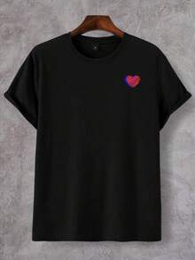 1pc Men's Casual Simple Heart Print T-Shirt - Black - View 2