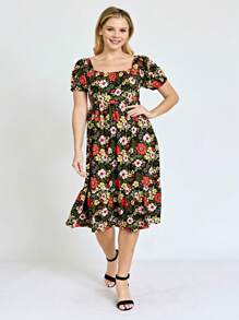 Boho Retro Ditsy Floral Flutter Puff Sleeve Square Neck Tiered Ruffle Tea Midi Length Classic Bridgerton Dress - Red and Black - View 3