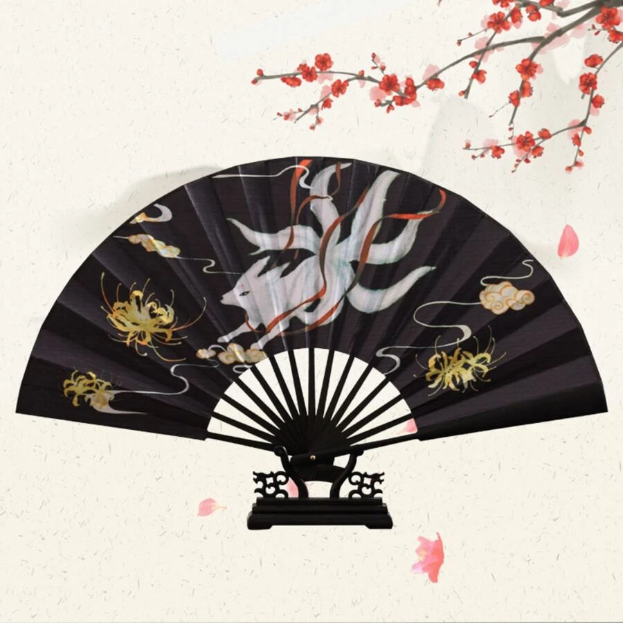 1pc Nine-Tail Fox Fan Retro Female Red Fox Tassel Silk Fan Hanfu Chinese Style Paper Fan Night God