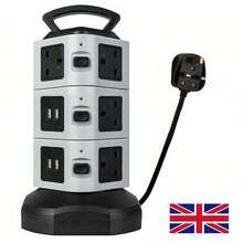 EXTENTION LEAD VERTICAL POWER STRIP TOWER MULTI PLUG USB UK SOCKET 2M CABLE - Black - View 6