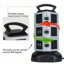 EXTENTION LEAD VERTICAL POWER STRIP TOWER MULTI PLUG USB UK SOCKET 2M CABLE - Black - View 4