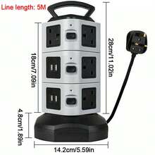 EXTENTION LEAD VERTICAL POWER STRIP TOWER MULTI PLUG USB UK SOCKET 2M CABLE - Black - View 2