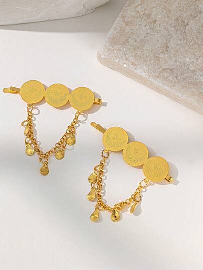 1pc Arab Wedding Jewelry Women's Hair Accessories Hair Clip Bride Gift Coin Shaped Gold Plated Hair Clip