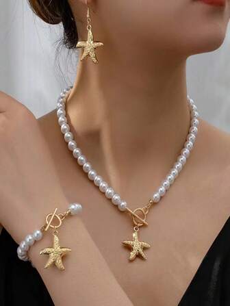 3 件套欧美流行珍珠海星吊坠项链、手链和耳环，优雅时尚配饰，适合日常佩戴和正式场合