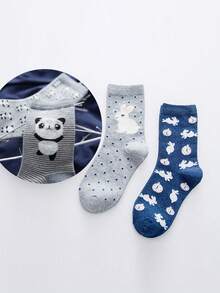 4 双女士卡通兔猫熊图案运动中筒袜，春秋新款韩版简约百搭袜子，适合购物和日常穿着，搭配拖鞋、运动鞋、乐福鞋和厚底运动鞋，可爱袜子 - 彩色 - 查看 5