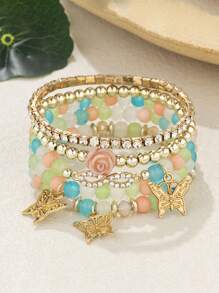 A Set Of Bohemian Multi-Layer Crystal Bead, Butterfly Pendant Colorful Bracelet, Suitable For Summer Beach Vacation, Gift For Friends
