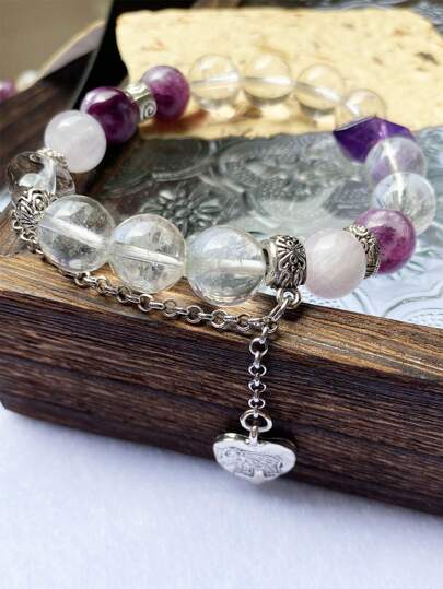 1 Pc Natural And Fashionable Multi Precious Crystal Semi Precious Bracelet, Including Purple Lepidolite, White Crystal, Amethyst, Lavender Amethyst, Suitable For Gift Giving.Comes With Gift Box And Jewelry Storage Bag.