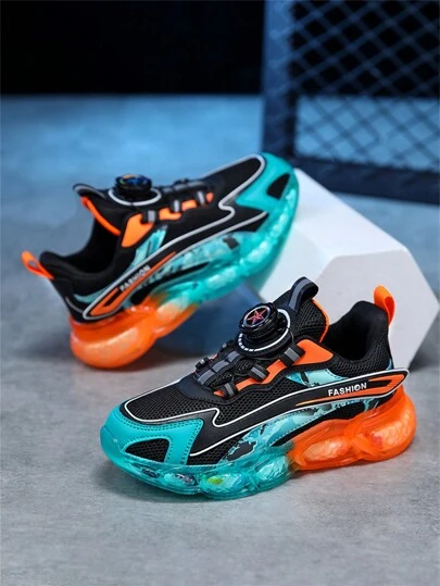 1 双儿童男孩女孩双网眼拼色运动鞋，带旋转按钮，柔软轻便透气果冻半透明鞋底休闲跑步运动鞋，男女通用