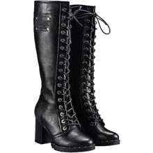 Womens Leather Lace Up Knee High Boots Sexy Biker Boots - 黑色 - 查看 1