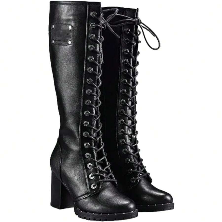 Womens Leather Lace Up Knee High Boots Sexy Biker Boots - 黑色 - 查看 1