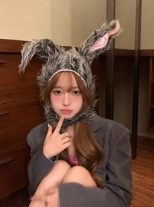 1只可愛毛絨兔耳長連帽帽子，女士搞笑兔耳帽 - A - 查看 2