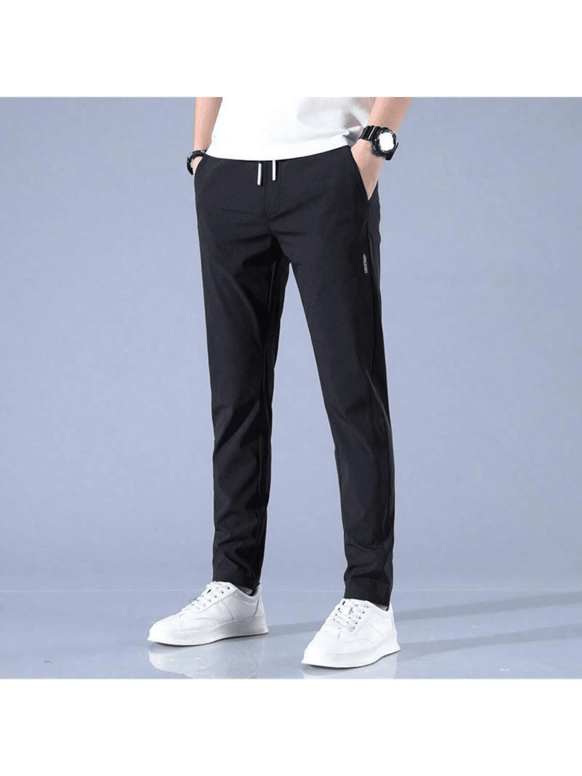 Pantalones casuales de nueve puntos transpirables delgados y relajados para atar los pies de gran tamaño - Negro - Ver 1