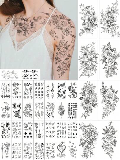STARTTOOS 38张极简主义花卉临时纹身贴纸，黑白牡丹、兰花图案，人体彩绘假纹身，适用于日常、派对、节日礼物，可贴于手臂、胸部、腰部、肩膀、颈部、锁骨、手部等部位。