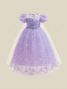Young Girls Sequin Snowflake School Stage Princess Dress, Suitable For Party, Banquet, Birthday, Includes Cape, Excludes Headband - Màu tím hoa cà - Xem 5