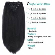 14英寸7件裝,帶有16個夾子的yaki假髮片,kinky直髮夾裝滿頭發夾,女士亮點直徑合成髮 - 自然黑 - 查看 2