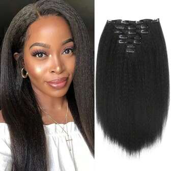 14英寸7件裝,帶有16個夾子的yaki假髮片,kinky直髮夾裝滿頭發夾,女士亮點直徑合成髮