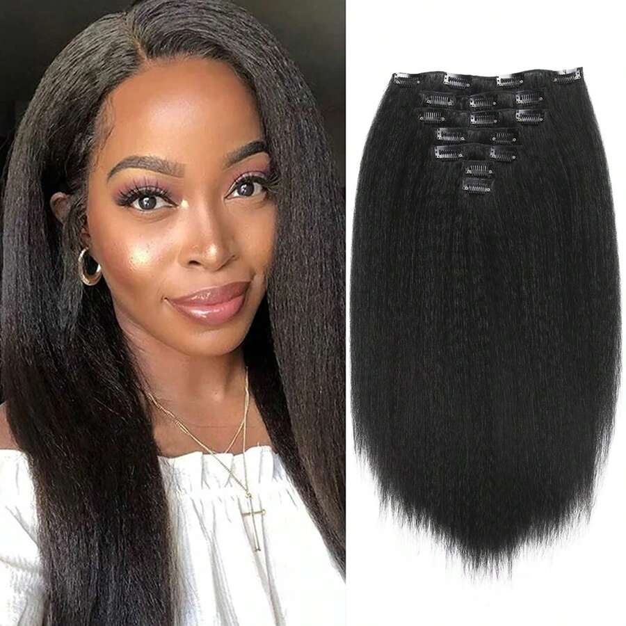 14英寸7件裝,帶有16個夾子的yaki假髮片,kinky直髮夾裝滿頭發夾,女士亮點直徑合成髮 - 自然黑 - 查看 1