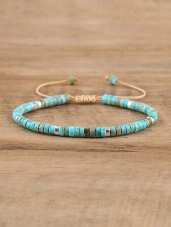 gxtbw 1 pieza Pulsera tejida con cuentas de piedra de emperador azul natural, forma de bloque pulido, cuerda ajustable, regalo de pulsera de señora decorada con cuentas