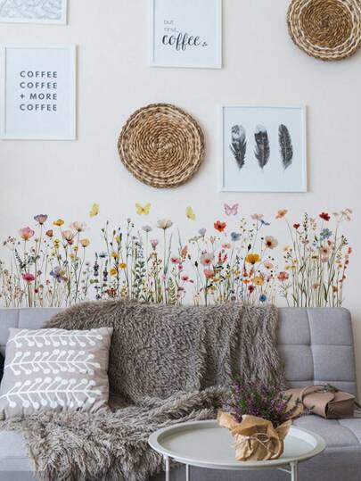 mama look 1piece Beautiful Plants And Flowers Wall Stickers For Bedroom Living Room Sofa Background Wall Or Baseboard Decor Removable PVC Decal Mural, Stickers, Wall Decal, Vinyl Decal For Home Decorations, Spring Decoration Items Refresh Your Home, Rama Decoration Stickers Gifts Birthday Graduation