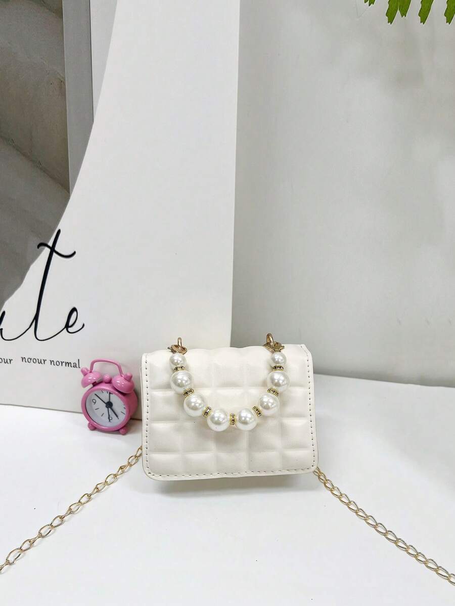 1 件迷你压花格子 PU 翻盖简约百搭珍珠手提包和单肩包，适合日常使用 - 米色 - 查看 1