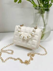 1 件迷你压花格子 PU 翻盖简约百搭珍珠手提包和单肩包，适合日常使用 - 米色 - 查看 4