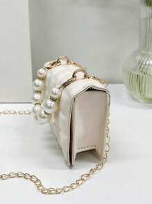 1 件迷你压花格子 PU 翻盖简约百搭珍珠手提包和单肩包，适合日常使用 - 米色 - 查看 3