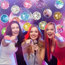 48 sztuk Disco Party wiszące dekoracje wirowe, 70-te kolorowe kule dyskotekowe dekoracje urodzinowe, dyskotekowe serpentyny wirowe na imprezę tematyczną, artykuły sufitowe, na 20-te urodziny z lat 70., Boże Narodzenie