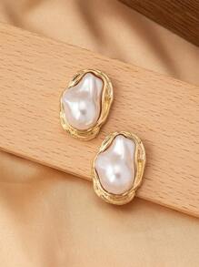 1pair Vintage Elegant Pearl Stud Earrings For Women - Yellow Gold - View 4