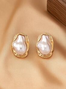 1pair Vintage Elegant Pearl Stud Earrings For Women - Yellow Gold - View 3