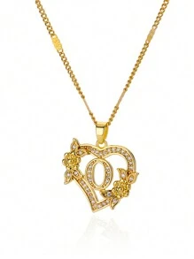 锆石心形花朵字母项链，金色，A-Z字母心形项链，婚礼珠宝礼物，情人节礼物，母亲节礼物 - 金黃色 - 查看 24