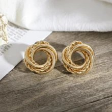 Pendientes En Espiral Redondos Con Hueco De Oro Laminado 14k Metal De Aleación De Color Dorado Grande, Joyería Elegante Estilo Lindo Y Minimalista De Joyería De Oro Laminado 14k  Para Uso Diario Casual Aretes circulo AR132 - Dorado - Ver 1