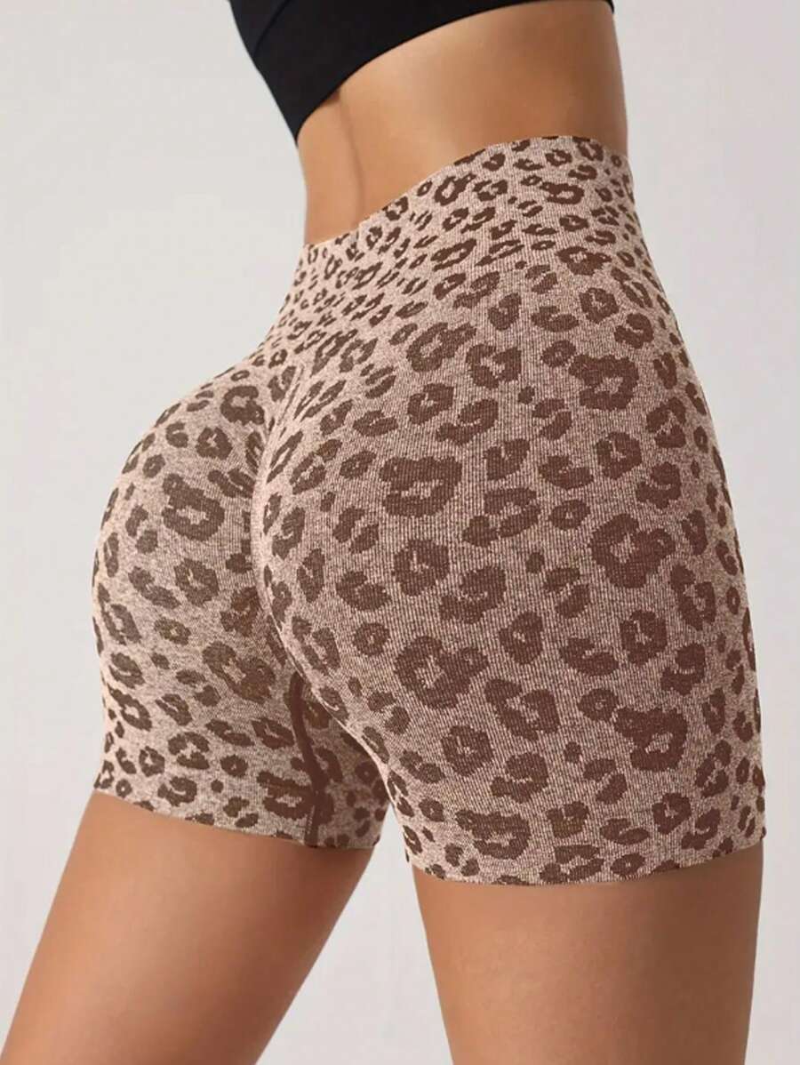 1pc Leopard Seamless Yoga Shorts, Butt Lift Peach Hip Workout Running Shorts, Women's Shorts Women Boxer Shorts Summer Sports