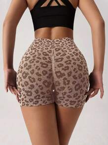1pc Leopard Seamless Yoga Shorts, Butt Lift Peach Hip Workout Running Shorts, Women's Shorts Women Boxer Shorts Summer Sports - Brown - View 4