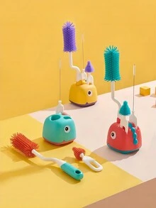 3 件套婴儿奶瓶和奶嘴清洁刷，新生儿硅胶清洁工具套装，带储存底座 - 彩色 - 查看 1