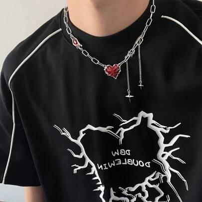 1 Peça Colar de Corrente com Pingente de Coração Vermelho de Hip Hop para Homens, Presente de Natal, Ano Novo, Dia dos Namorados, Feriado