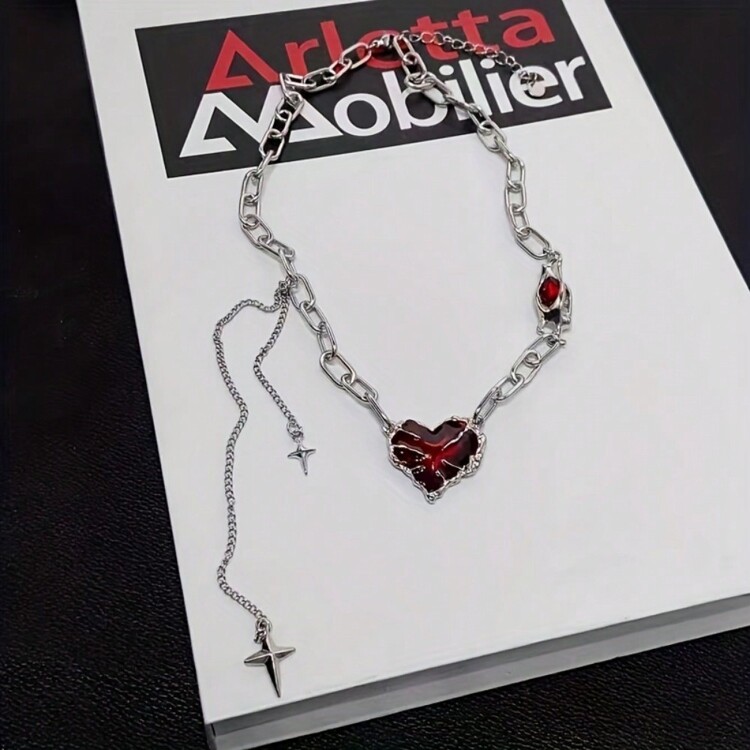 1 件嘻哈红心吊坠锁骨链项链，适合男士圣诞节新年情人节节日礼物 - 銀色 - 查看 4