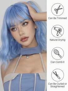14 Inch Purple Wavy Synthetic Wig With Bangs Short Bob Purple Wigs Curly Wavy Shoulder Length Cosplay Wig Daily Colorful Wigs - Blue - View 7