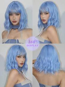 14 Inch Purple Wavy Synthetic Wig With Bangs Short Bob Purple Wigs Curly Wavy Shoulder Length Cosplay Wig Daily Colorful Wigs - Blue - View 8