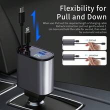 Retractable Car Charger, 4 In 1 Fast Car Phone Charger 66W, 2 Retractable Cables And USB Car Charger,Compatible With IPhone 15/14/13/12/11,Galaxy,Pixel - 銀色 - 查看 3