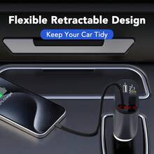 Retractable Car Charger, 4 In 1 Fast Car Phone Charger 66W, 2 Retractable Cables And USB Car Charger,Compatible With IPhone 15/14/13/12/11,Galaxy,Pixel - 銀色 - 查看 2