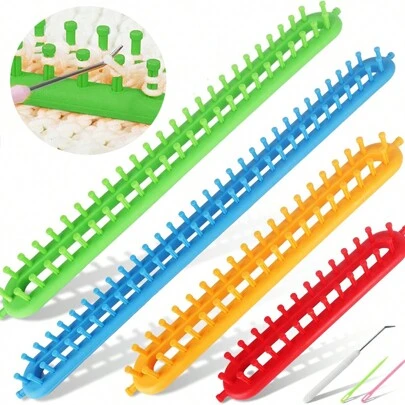 1set Rectangular Knitting Loom With 1pc Crochet Hook And Plastic Needle, Knitting Tools Kit Suitable For Scarf, Hat, Shawl Making Hobbists (All Product Colors, Accessory Quantities, And Whether Teeth Are Installed Are Random)