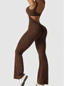 Speed mate Women's Sleeveless Yoga Jumpsuit With Butt Lifting Feature, Backless Flared Flare Jumpsuit - Coffee Brown - View 5
