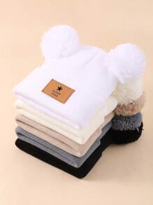 5件套婴儿秋冬帽子手套组合双球针织帽 - 彩色 - 查看 3