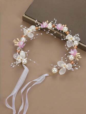 Girls' Birthday Performance Headpiece, Princess Fairy Style Pink Flower Headband Hair Accessories